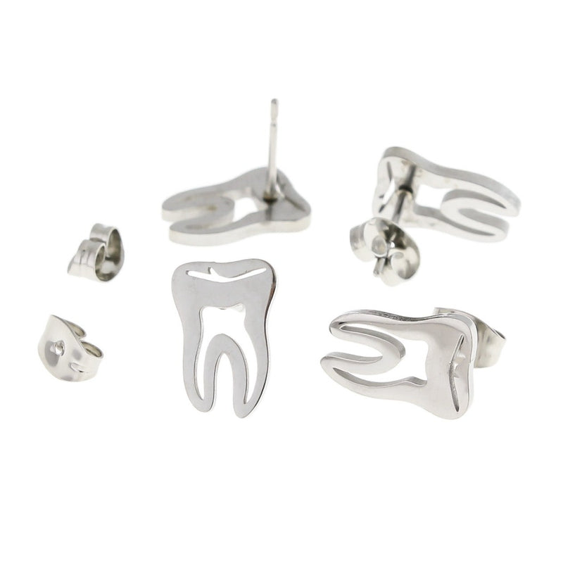 Stainless Steel Earrings - Tooth Studs - 13mm x 9mm - 2 Pieces 1 Pair - ER414