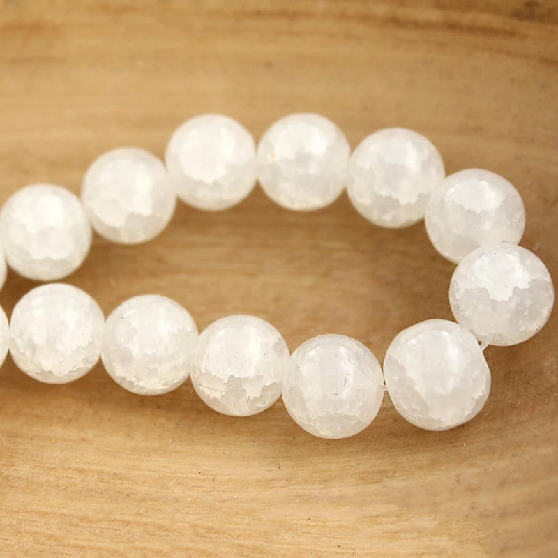 Round Glass Beads 10mm - Ivory White Crackle - 1 Strand 85 Beads - BD719