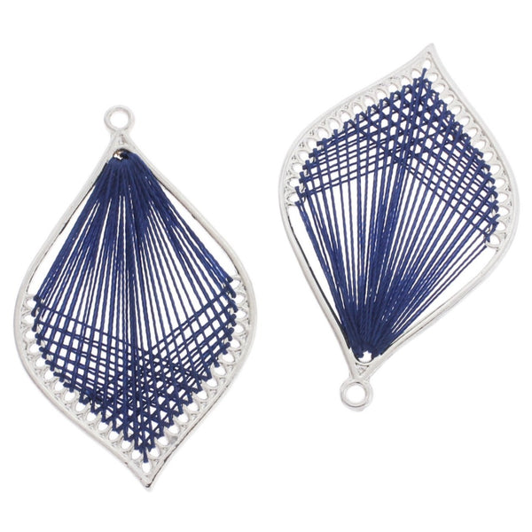 2 Navy Blue Woven Leaf Silver Tone Pendants - TSP279