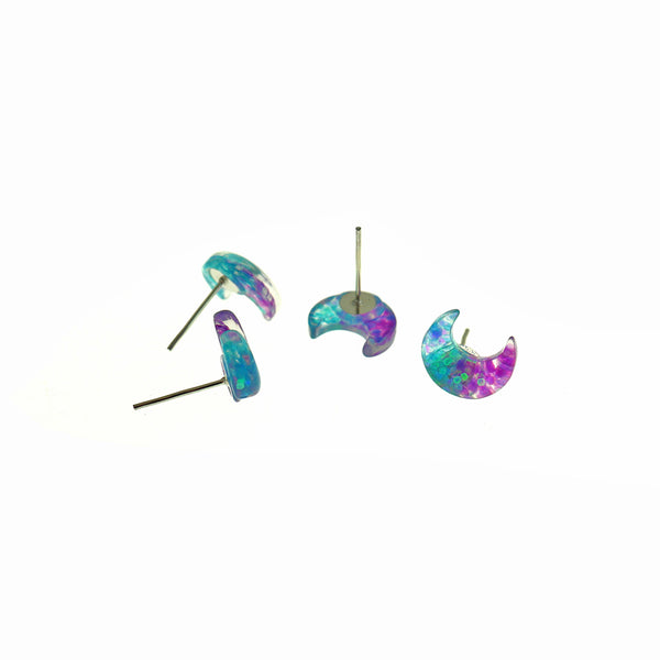Boucles d'oreilles Moon Silver Tone et résine - Paillettes bleues et violettes - 2 pièces 1 paire - ER594