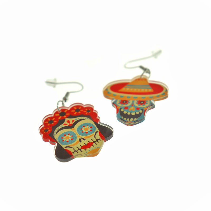 Boucles d'oreilles tête de mort florale asymétrique - Fils de crochet français - 56mm x 29mm - 2 pièces 1 paire - ER632