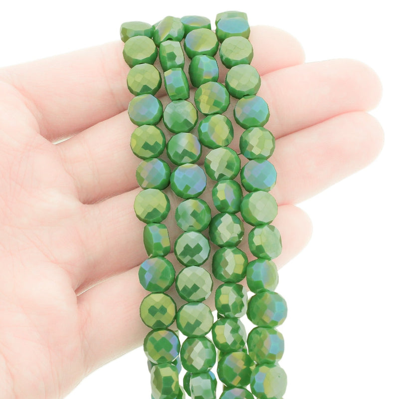Faceted Flat Round Glass Beads 8mm x 5mm - Electroplated Green - 1 Strand 72 Beads - BD1490