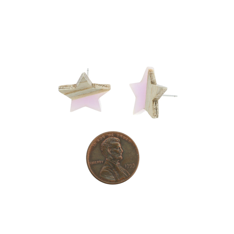 Wood Stainless Steel Earrings - Purple Resin Star Studs - 18mm x 17mm - 2 Pieces 1 Pair - ER144