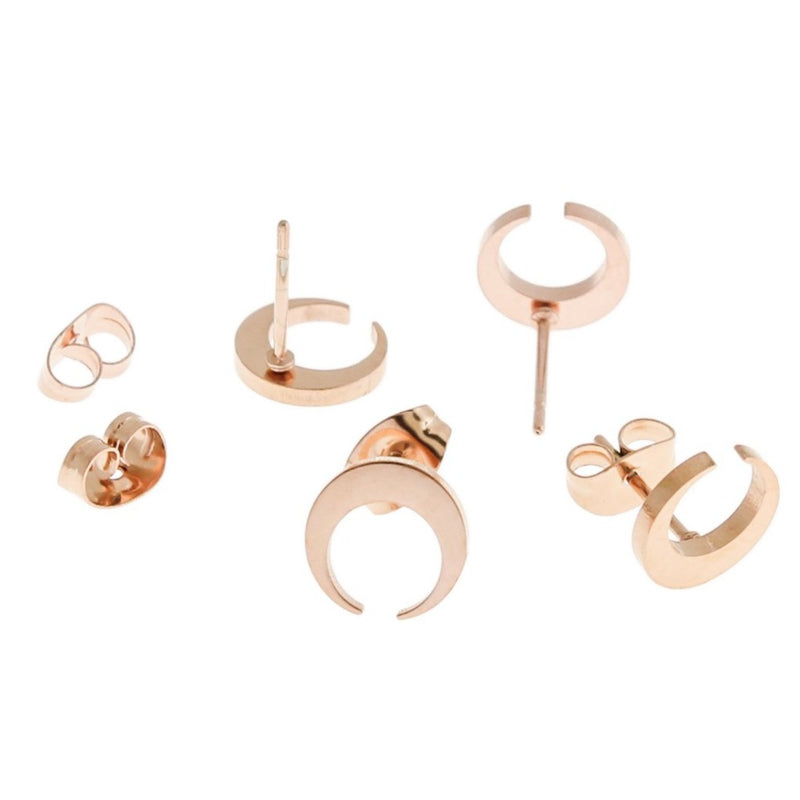 Rose Gold Stainless Steel Earrings - Crescent Moon Studs - 8mm x 9mm - 2 Pieces 1 Pair - ER364