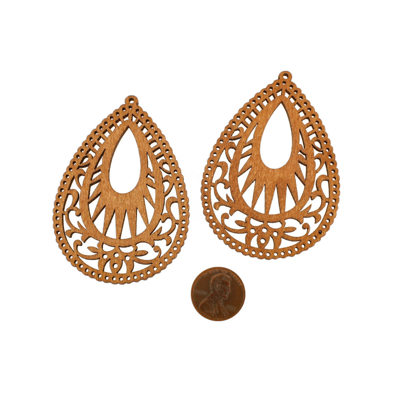 4 Teardrop Filigree Natural Wood Charms - WP147