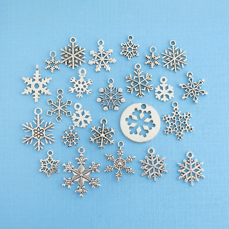 Deluxe Snowflake Charm Collection Antique Silver Tone 24 Charms - COL320