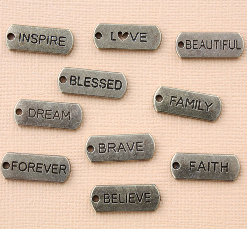 Word Charm Collection Antique Bronze Tone 10 Different Charms - COL313
