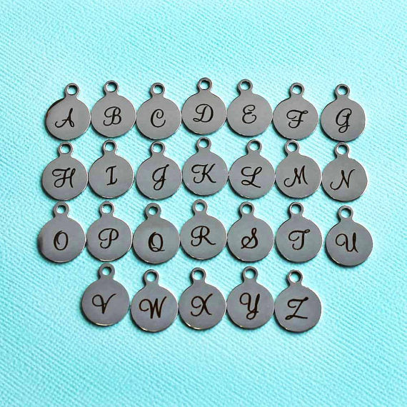 Stainless Steel Letter Charms - Choose Your Initial & Quantity - Uppercase Script Alphabet - 13mm With Loop - ALPHA1500BFS-IND