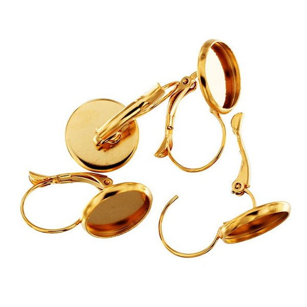 Gold Stainless Steel Cabochon Earrings - Lever Back - 12mm Tray - 2 Pieces 1 Pair - FD788