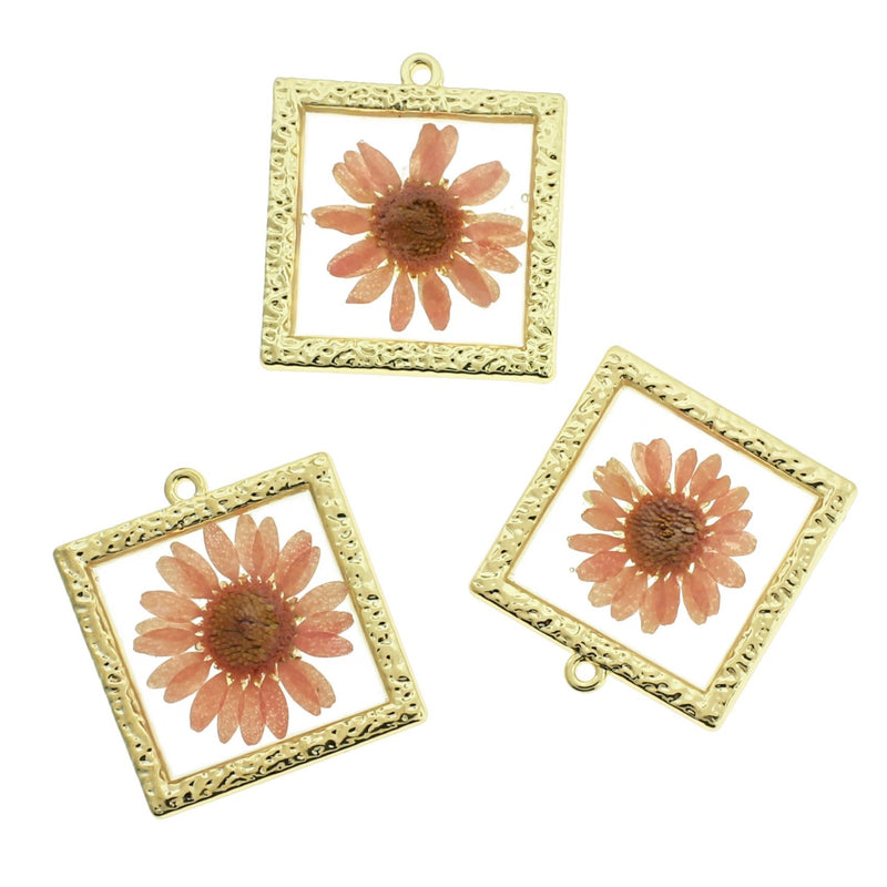 2 Light Pink Dried Flower Gold Tone and Resin Charms - Z096-G
