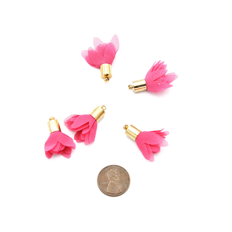 Chiffon Flower Blossom Tassel 29mm - Hot Pink and Gold Tone - 6 Pieces - TSP177