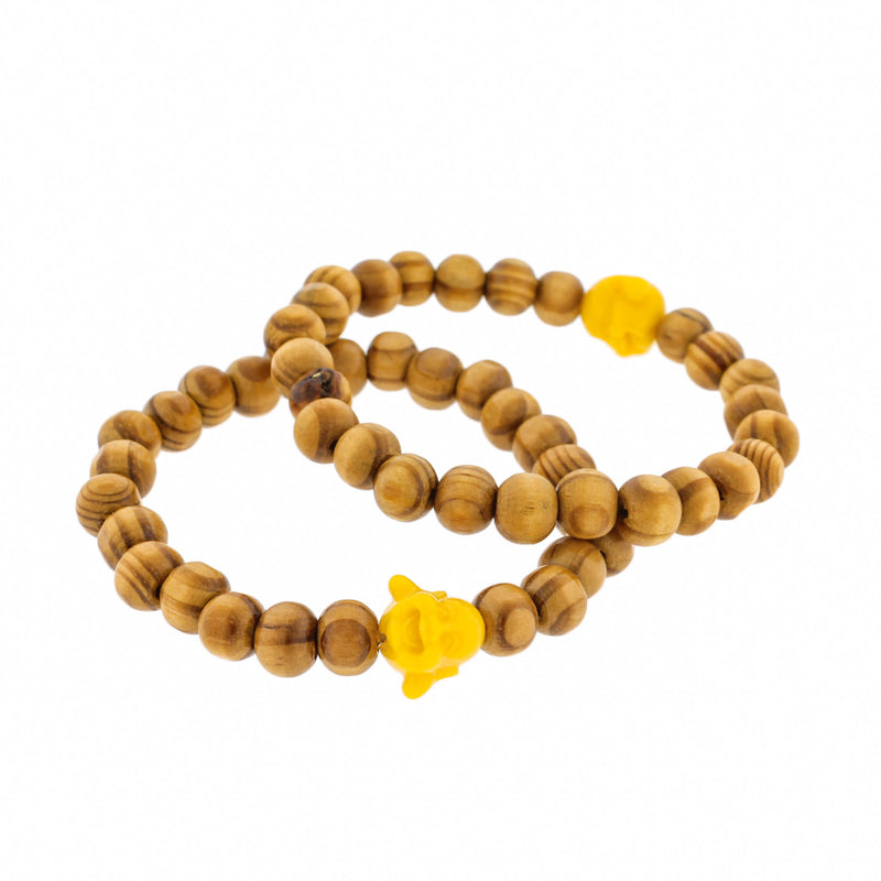 Round Wood Bead Bracelet - 43mm - Yellow Resin Buddha - 1 Bracelet - BB072