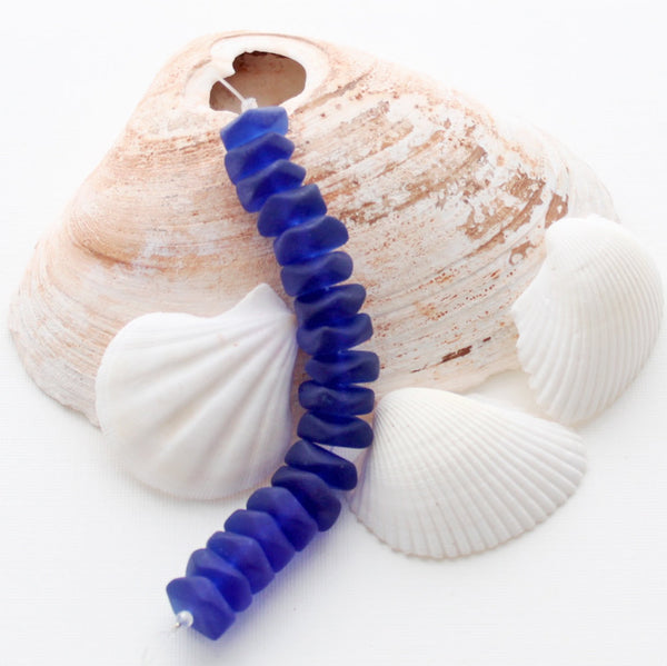 Nugget Cultured Sea Glass Beads 14mm x 15mm x 5mm  - Cobalt Blue - 1 Strand 10 Beads - U093