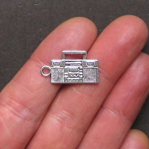 6 Boombox Radio Antique Silver Tone Charms 2 faces - SC1326