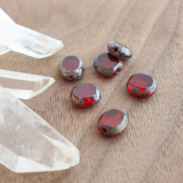 Perles ovales en verre pressé tchèque 10 mm x 9 mm - Picasso rouge rubis - 10 perles - CB086