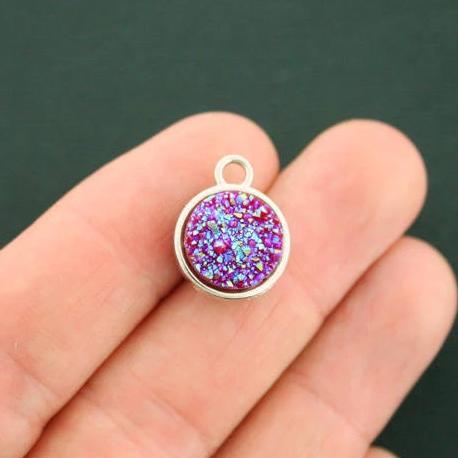 4 Druzy Silver Tone and Resin Cabochon Charms - 2 Sided  - Z419
