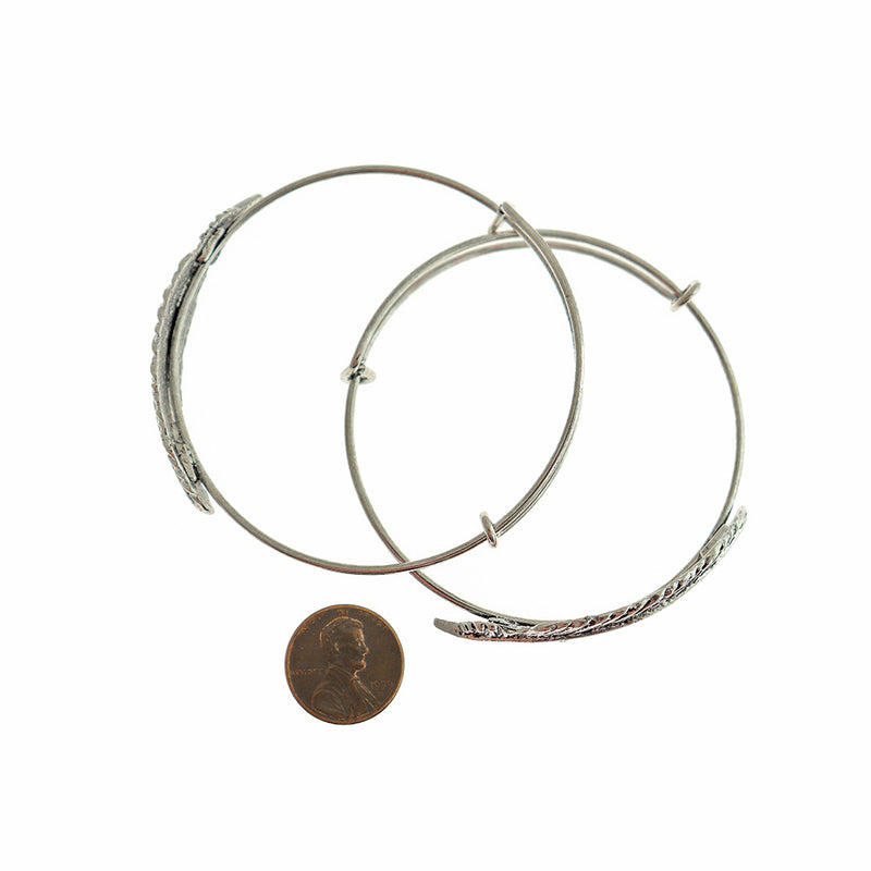 Antique Silver Tone Feather Adjustable Bangles - 60mm - 5 Bangles - N328