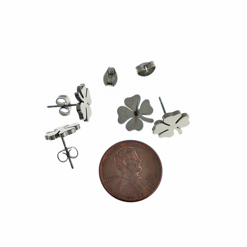 Stainless Steel Earrings - Four Leaf Clover Studs - 11mm - 2 Pieces 1 Pair - ER314