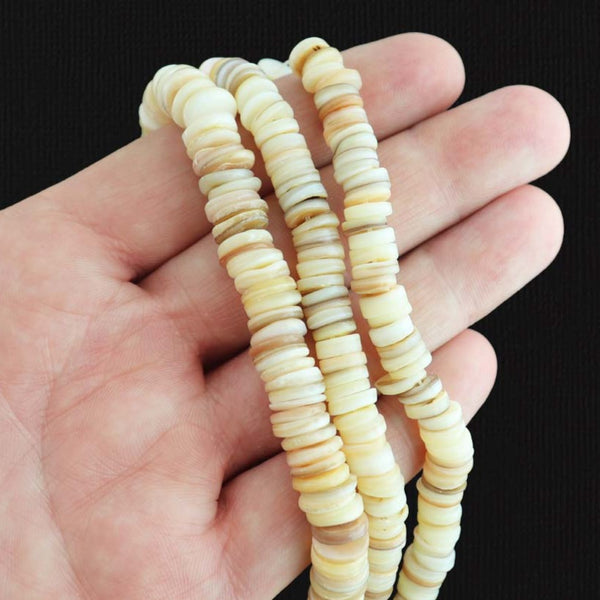 Perles Rondes Plates Coquillage Naturel 8mm x 3 - Crème - 1 Rang 170 Perles - BD237
