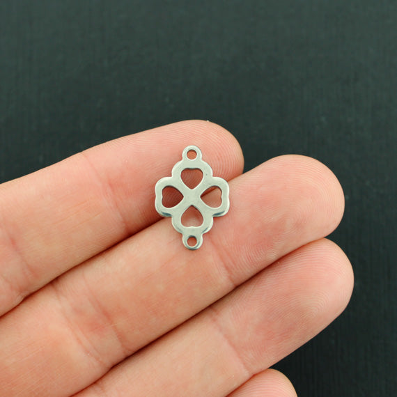 Connecteur 4 trèfles en acier inoxydable ton argent breloques 2 faces - MT167