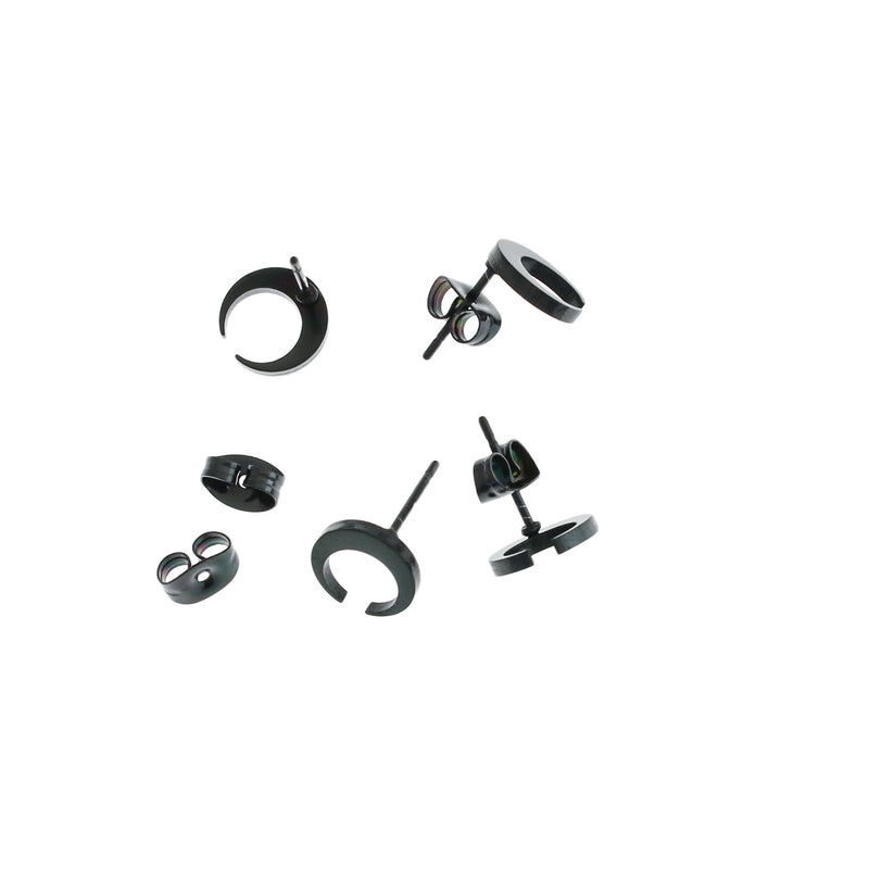 Gunmetal Black Stainless Steel Earrings - Crescent Moon Studs - 9mm x 8mm - 2 Pieces 1 Pair - ER377