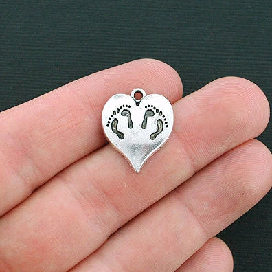 5 Footprint Heart Antique Silver Tone Charms - SC2040