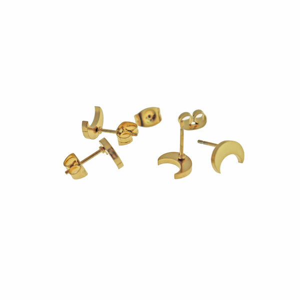 Gold Tone Stainless Steel Earrings - Crescent Moon Studs - 8mm x 3mm - 2 Pieces 1 Pair - ER622