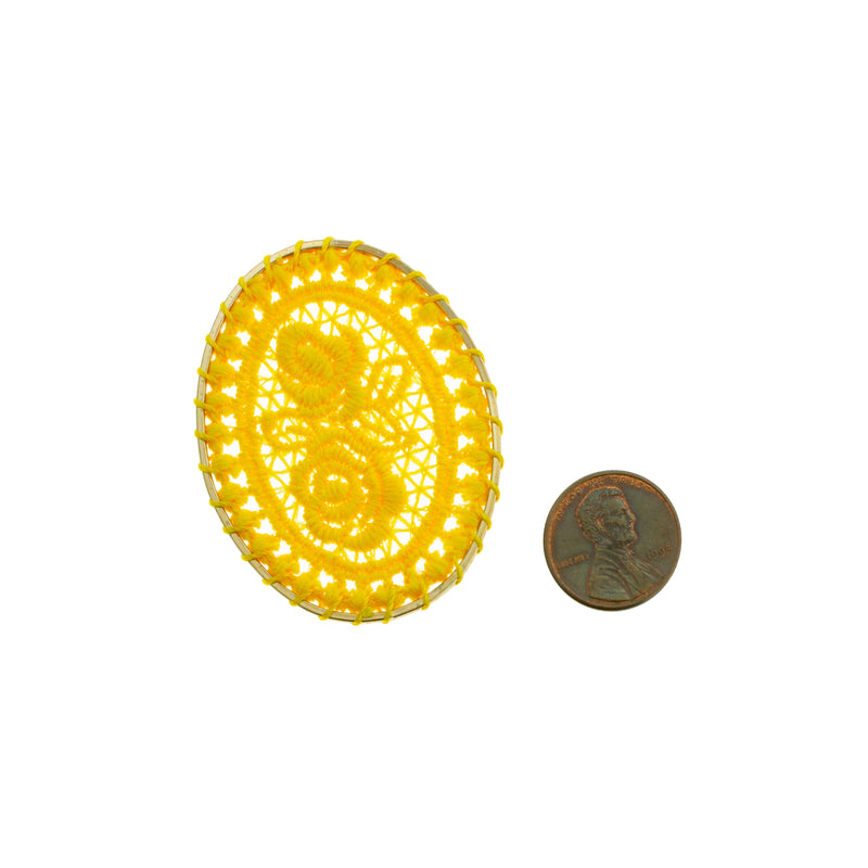 4 pendentifs ovales dorés en dentelle tissée jaune - TSP102-E