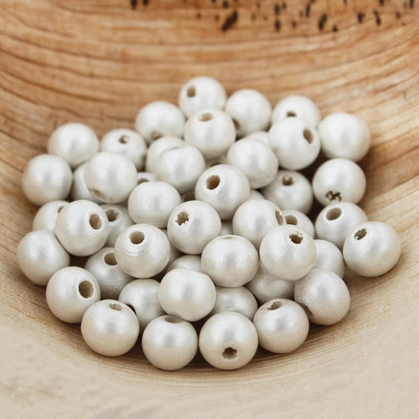 50 Wooden Beads 8mm Painted - Soft White With a Pearl Finish - BD1557