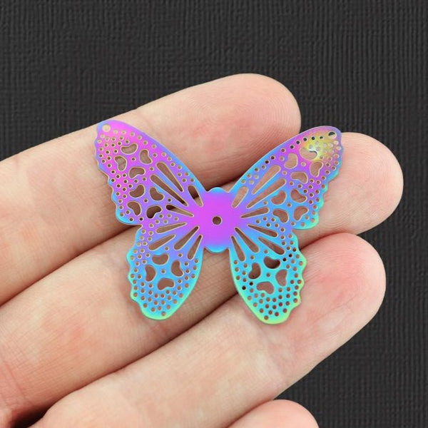 2 Filigree Butterfly Rainbow Electroplated Stainless Steel Charms 2 Sided - SSP145