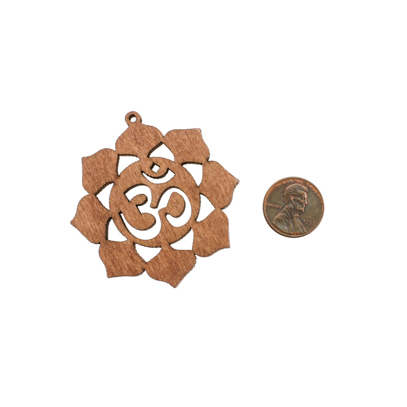 4 Om Lotus Natural Wood Charms 2 Sided - WP348