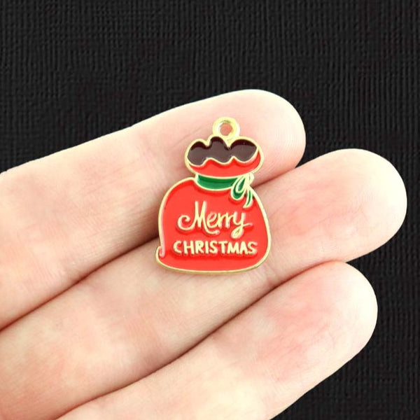 4 Merry Christmas Gift Bag Gold Tone Enamel Charms - E825