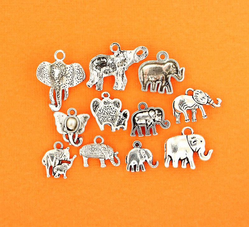 Elephant Charm Collection Antique Silver Tone 11 Different Charms - COL127