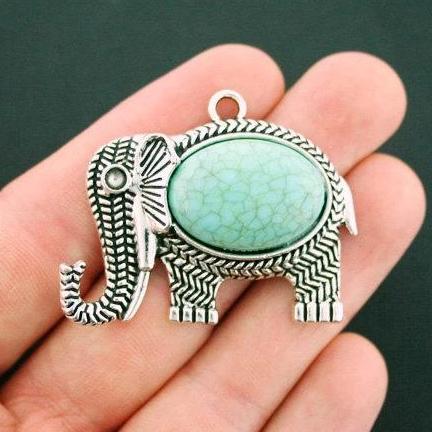 Elephant Antique Silver Tone Charm With Imitation Turquoise - SC6024