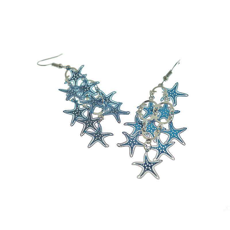 Blue Starfish Stainless Steel Earrings - French Hook Style - 2 Pieces 1 Pair - ER605