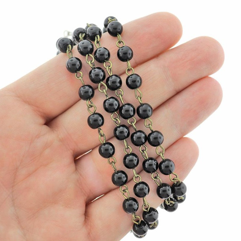 BULK Beaded Chapelet - 6mm Black Pearl Glass &amp; Antique Bronze Tone - 3.3ft ou 1m - RC037