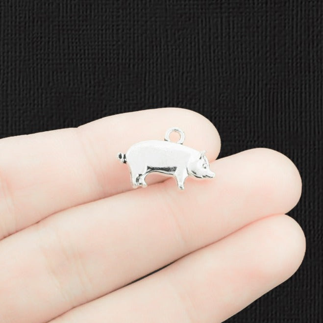 10 Pig Antique Silver Tone Charms 2 Sided - SC1429