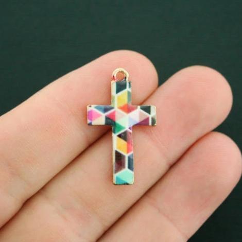 4 Cross Gold Tone Enamel Charms - E425