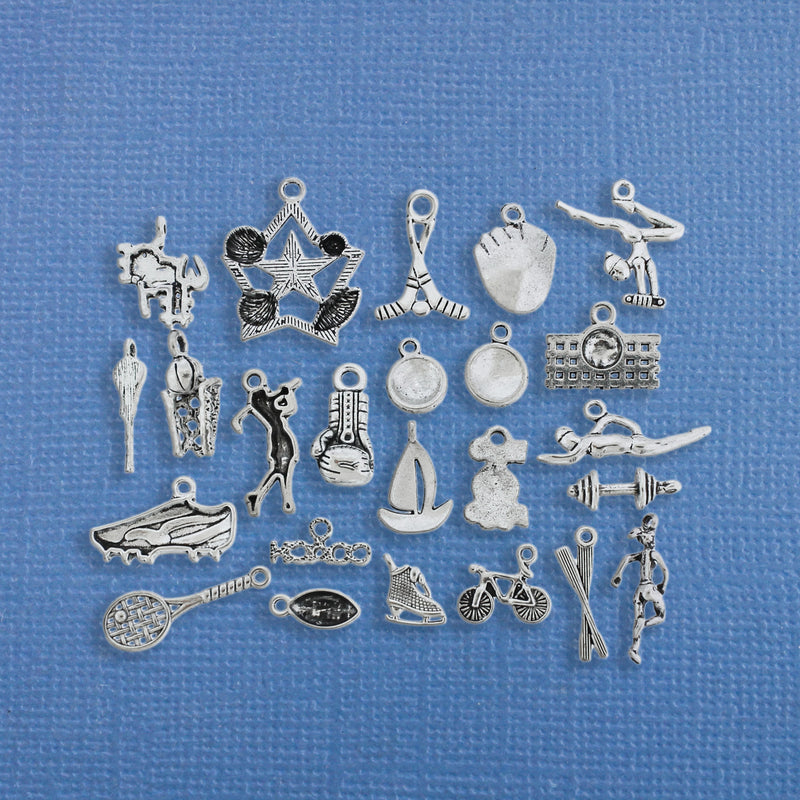 Deluxe Sports Charm Collection Antique Silver Tone 24 Different Charms - COL211
