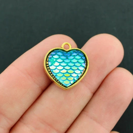 4 Mermaid Scale Heart Antique Gold Tone Resin Cabochon Charms - Z789