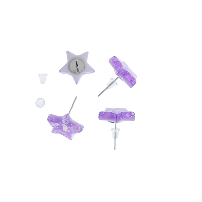 Resin Earrings - Purple Sequin Star Studs - 14mm - 2 Pieces 1 Pair - ER381