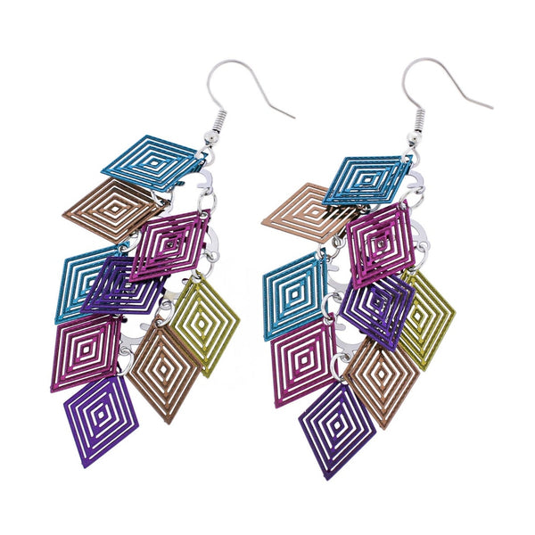 Rainbow Geometric Dangle Earrings - Stainless Steel French Hook Style - 2 Pieces 1 Pair - ER616