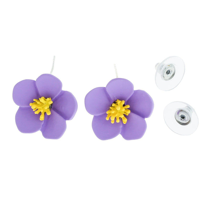 Silver Tone Earrings - Purple Flower Studs - 12mm - 2 Pieces 1 Pair - ER255