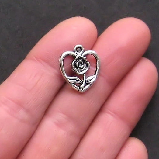 6 Rose Heart Antique Silver Tone Charms - SC680