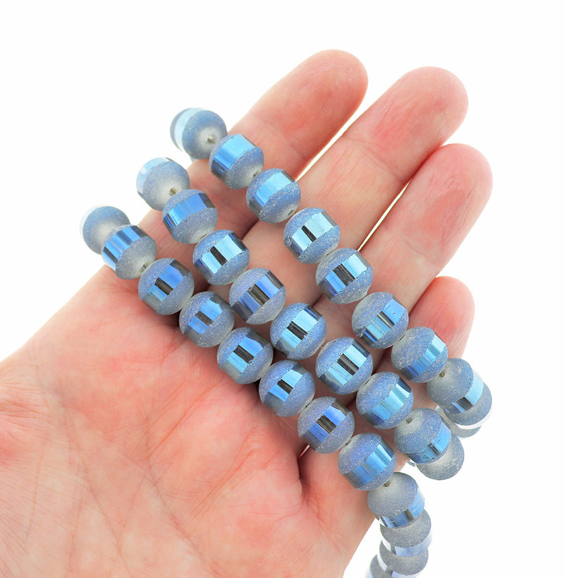 Round Glass Beads 10mm - Frosted Metallic Light Blue - 1 Strand 72 Beads - BD1496