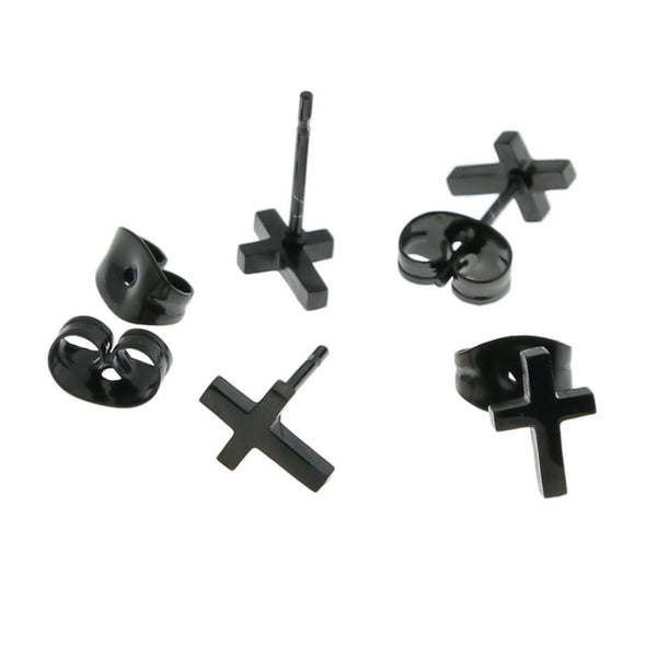 Boucles d'oreilles en acier inoxydable noir Gunmetal - clous croisés - 8 mm x 5 mm - 2 pièces 1 paire - ER419