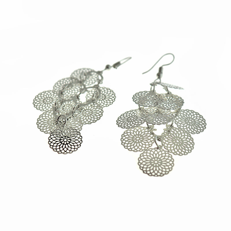 Filigree Brass Dangle Earrings - Silver Tone French Hook Style - 2 Pieces 1 Pair - ER597