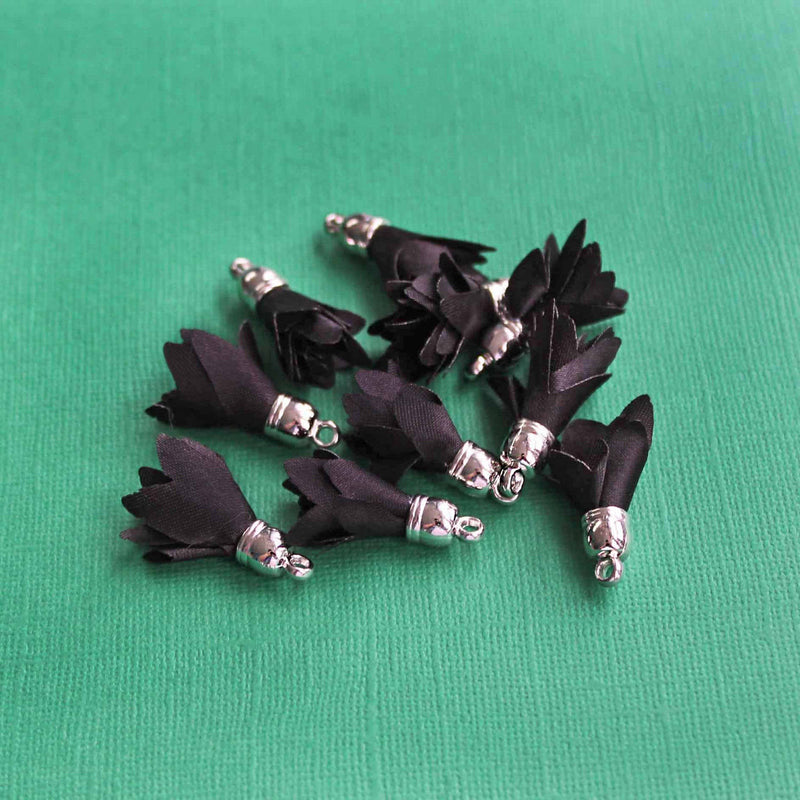 Polyester Tassels with Cap - Black and Silver Tone - 5 Pieces - Z356