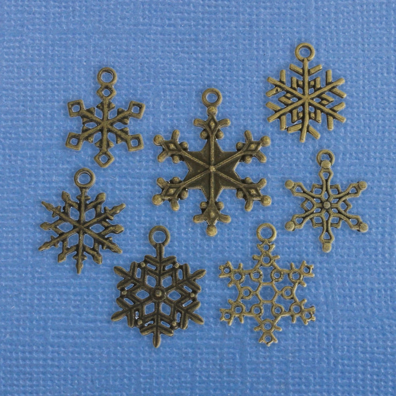 Snowflake Charm Collection Antique Bronze Tone 7 Different Charms - COL167