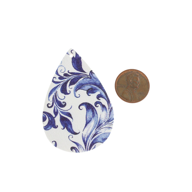 Pendentifs en forme de larme en similicuir - Floral bleu royal - 4 pièces - LP239